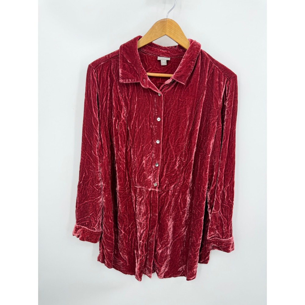 J. Jill crushed Velvet Button Down Shirt 2X Red Silk Blend Long Sleeve Luxe Top